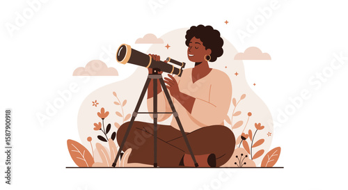 Person with telescope in minimalist nature setting surrounded by plants and stars