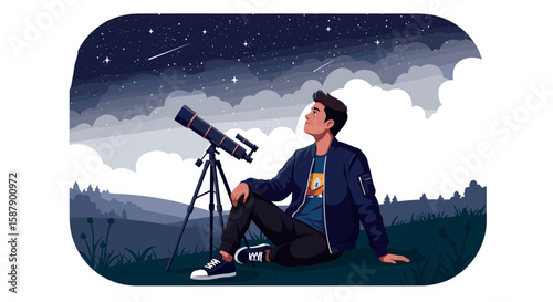 Night sky gazing: young astronomer with telescope observing shooting stars
