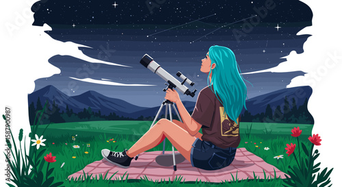 Stargazing adventure: woman with telescope in scenic night landscape