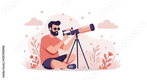Astronomy enthusiast observing stars with telescope in floral setting