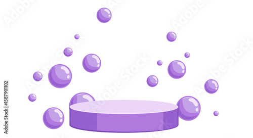 Floating purple bubbles with circular pedestal on white background in 3d style