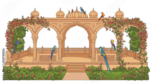 Ornate gazebo with colorful birds in lush garden setting