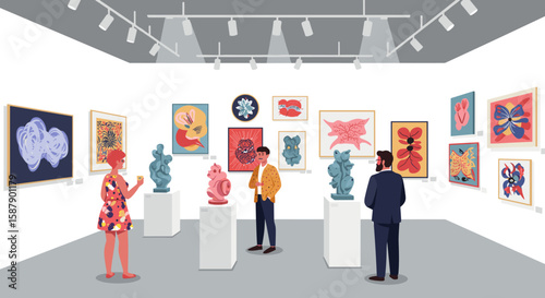 Contemporary art gallery with abstract paintings and sculptures in modern exhibition space