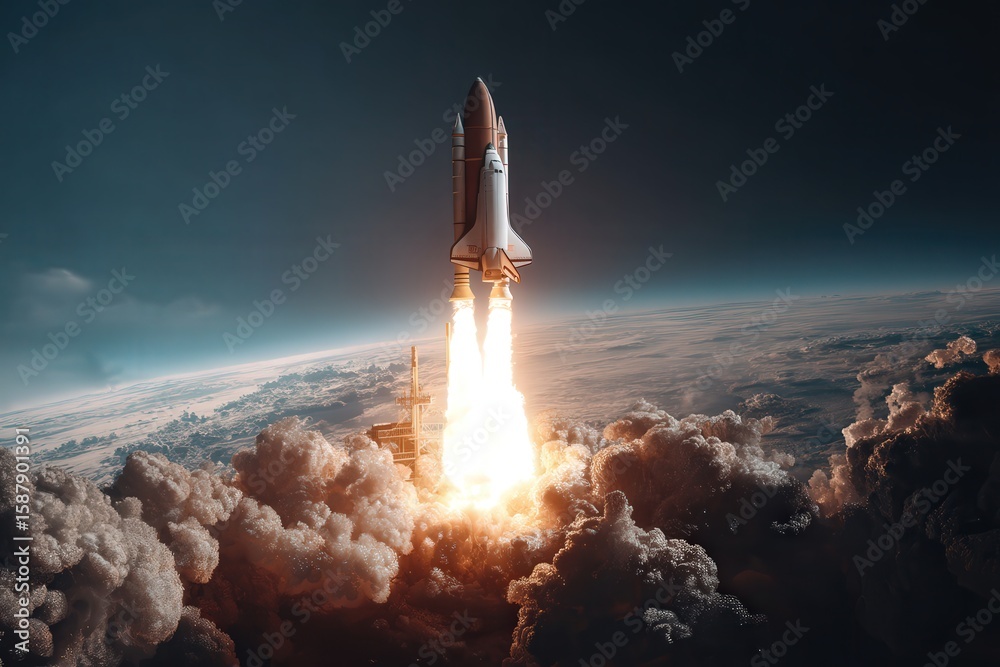 Naklejka premium A space shuttle is actively taking off from the surface of the earth