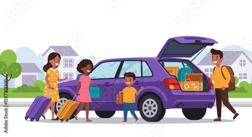 Family trip packing scene with luggage and car in suburban neighborhood