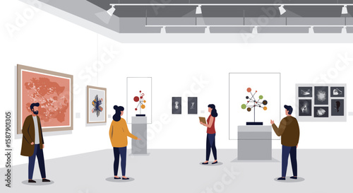 Art gallery visitors admiring modern exhibits in minimalist museum setting