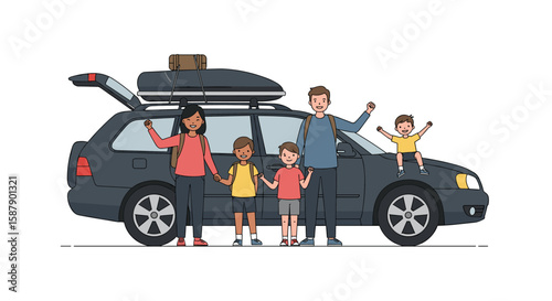 Happy family on a road trip with packed car and luggage