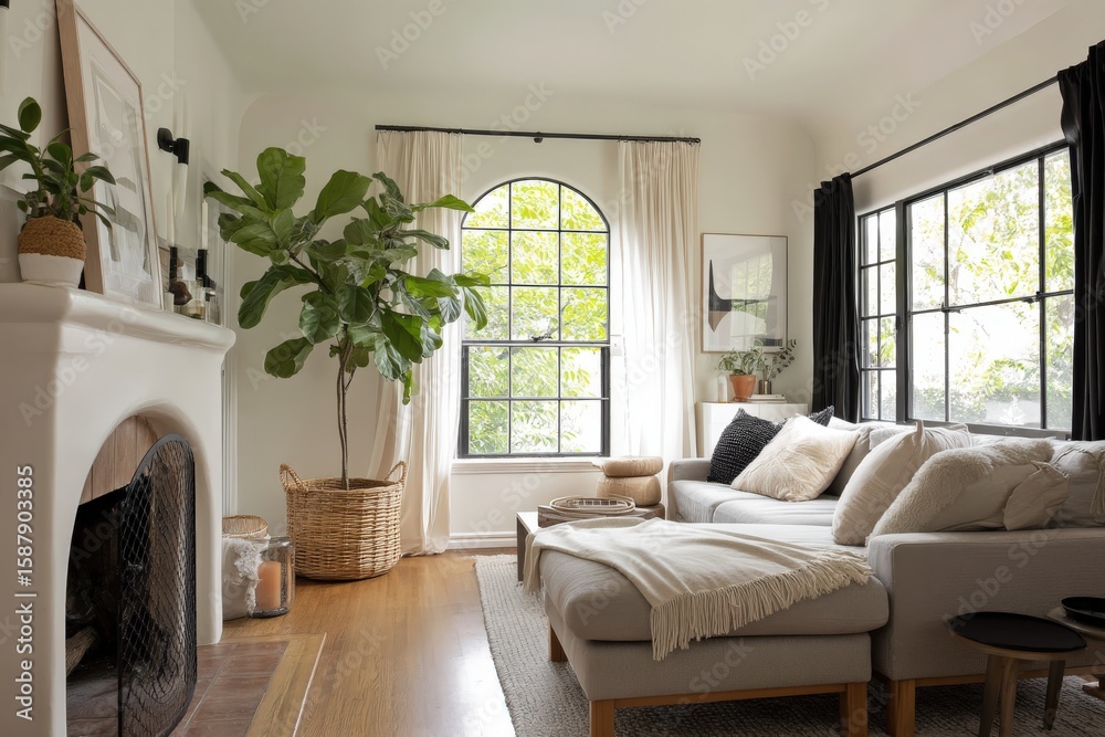 Fototapeta premium A cozy living room featuring a warm fireplace and a large potted plant