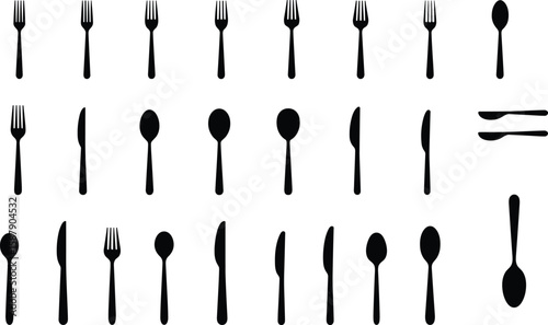 Stylized Kitchen Utensils Grid, Black Cutlery Silhouettes Art, Forks Knives Spoons Set for Modern Culinary Design, Minimalist Tableware