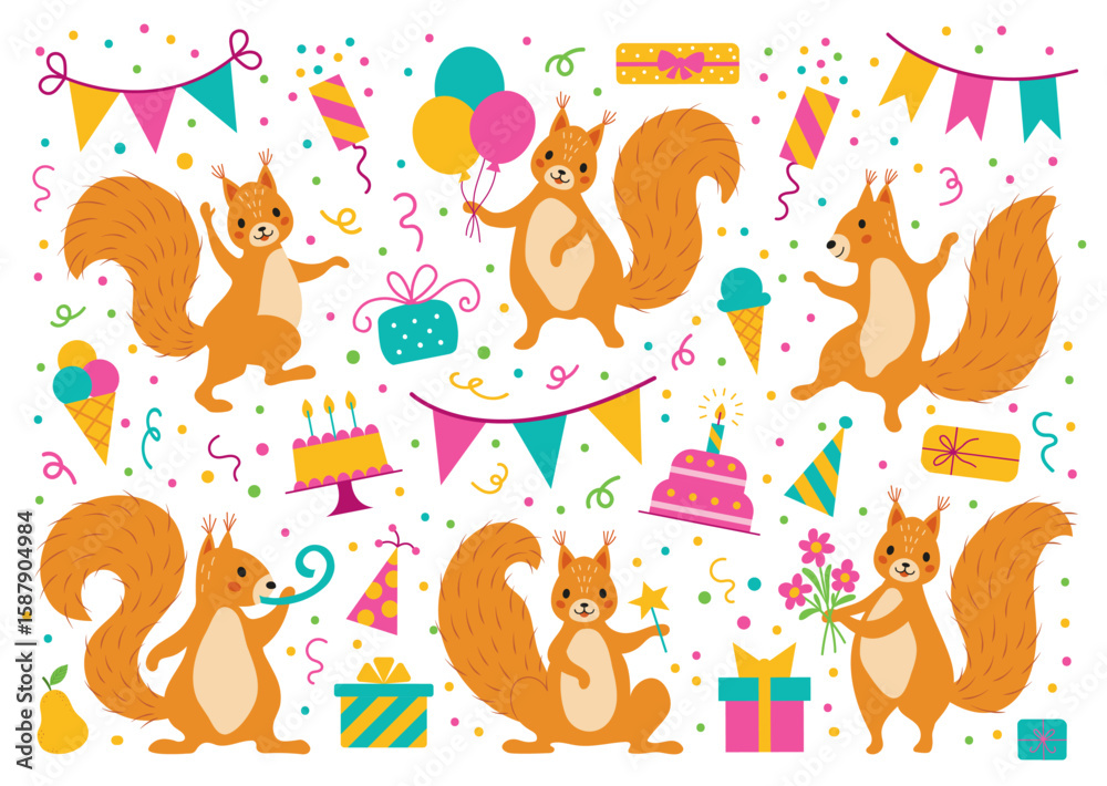 Naklejka premium Cute cartoon happy birthday party squirrel set,for stickers,posters, prints and banners,vector illustration.