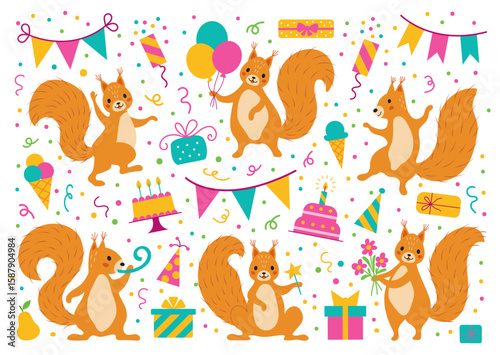 Cute cartoon happy birthday party squirrel set,for stickers,posters, prints and banners,vector illustration.