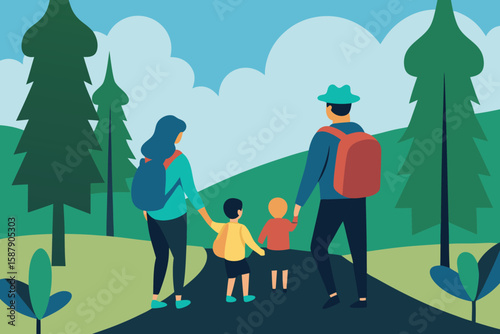 Family Hiking in Nature: Cartoon Illustration of Parents and Children Walking on Forest Trail with Backpacks, Outdoor Adventure