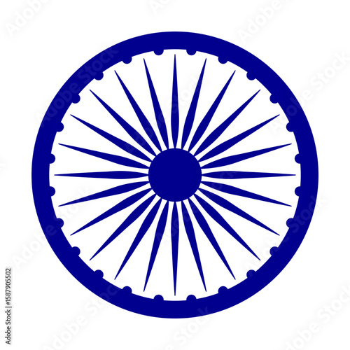 Blue Wheel with spokes vector icon. Simple ashok chakra graphic vector element isolated on white background. 24 spokes circle. India flag element isolated on white background.