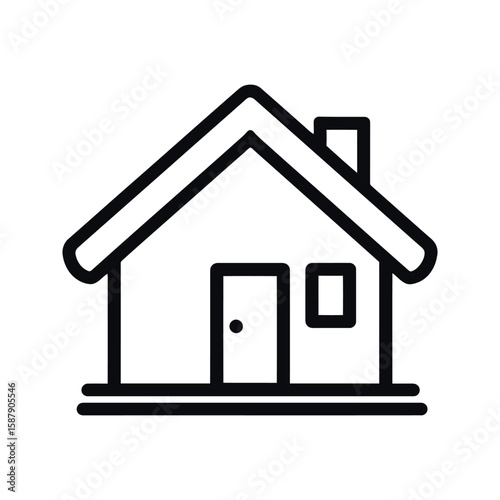 Simple Black and White House Icon with Door, Window, and Chimney