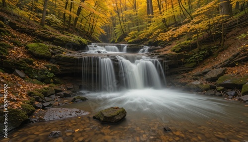 Autumn Waterfall Serenity: Golden Forest Cascade