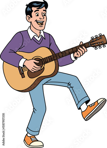 Happy man playing acoustic guitar and dancing, joyful music performance cartoon scene, CAD drawing flat vector illustration for design