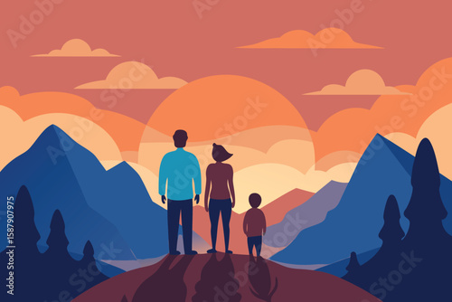 Family Silhouette Watching Sunset Over Mountain Landscape Vector Illustration Graphic Design for Travel and Adventure Concepts