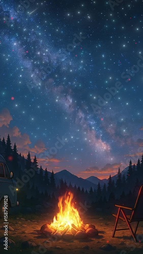 Exploring a serene night camping under the stars with a cozy campfire and a vintage van. Loop animation