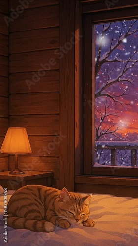Cozy cabin with a sleeping cat and snowy sunset view from the window. Loop animation