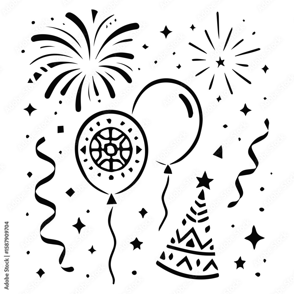 Fototapeta premium Celebration Party Elements Black Vector Illustration, Balloons, Fireworks, Ribbons, and Confetti for Festive Designs, Editable Formats: AI, EPS, JPG, PNG, Ideal for Both Digital and Print Use 
