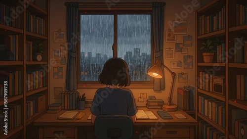Cozy study session during a rainy evening in a warm, inviting room with plenty of books. Loop animation