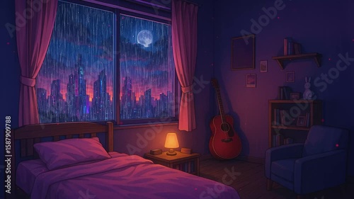Cozy bedroom with rain and city skyline at night creating a peaceful atmosphere. Loop animation