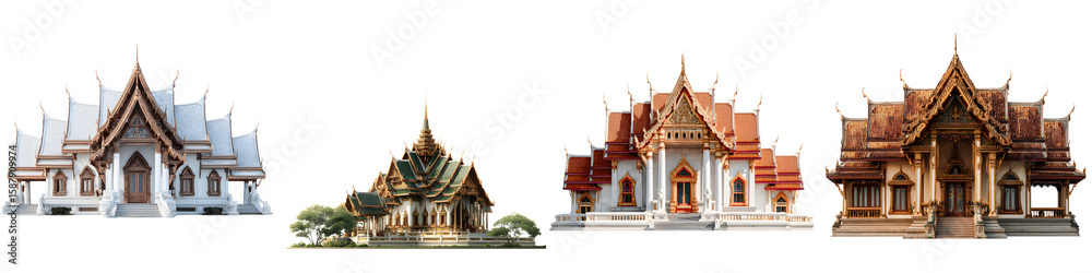 Naklejka premium Traditional Thai Architecture Temples on White
