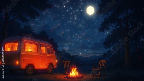 Camping under the stars with a cozy van and fire on a clear night. Loop animation