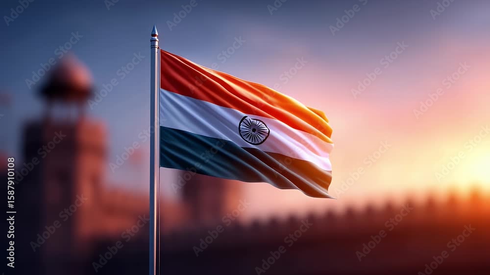Tricolor Indian flag waving in the wind with a glowing sunrise behind Red Fort