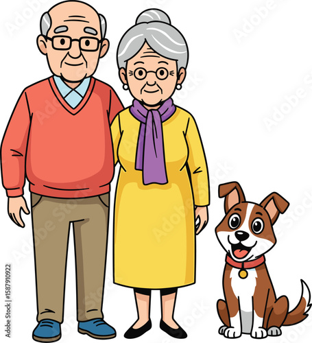 Happy senior couple standing with their cute pet dog, cartoon style elderly grandparents with pet animal flat vector illustration