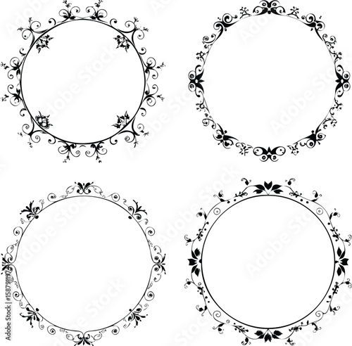 Floral swirl round circular circle frames set, wedding decorative ornament elements collection, hand-drawn, classic vintage victorian style	