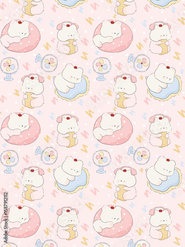 Adorable Cartoon Polar Bear in Headphones Relaxing on Donut Cushion. Vector Illustrations. EPS Editable