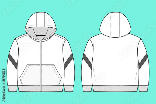 Unisex Activewear Zip Through Hoodie flat sketch CAD mockup Front and Back Views.