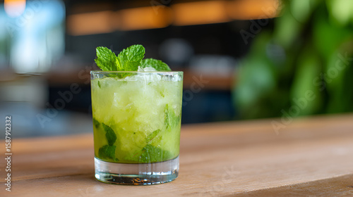 Refreshing green cocktail with ice and mint, served in a clear glass on a wooden bar counter. white 46007619 1