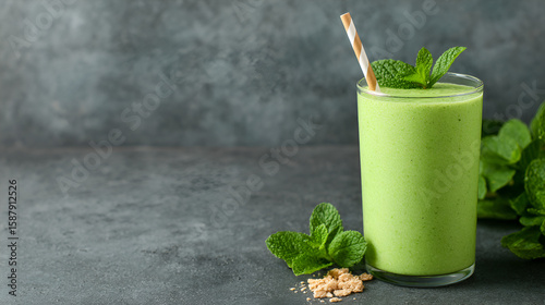 Refreshing green smoothie with mint leaves and toppings, showcasing vibrant colors and a nourishing vibe. white 59089841 1