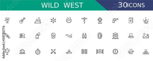 Wild West Icons Set Vector. Minimalist Vector Symbols for Cowboy Life, Frontier Tools and Western Culture