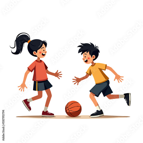 Two children playing basketball and having fun in a playful and energetic manner