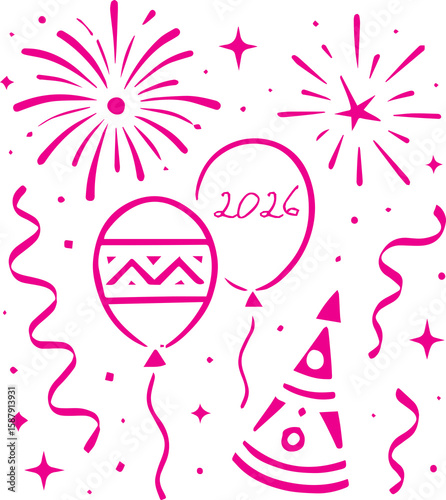 New Year 2026 Celebration Black Vector Illustration, Balloons, Fireworks, Confetti, and Party Elements for Festive Designs, Editable Formats: AI, EPS, JPG, PNG, Ideal for Both Digital and Print Use
