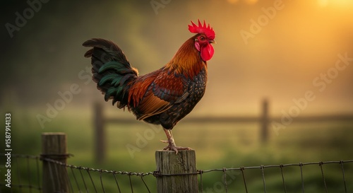 Vibrant rooster perched on wooden post surveys rural landscape at dawn