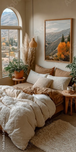 Minimalist Boho Style White Bedroom with Tree Wall Art and Fall Color Theme