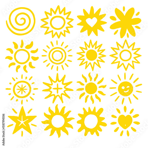 Collection of hand-drawn yellow sun illustrations, showcasing diverse shapes and designs.