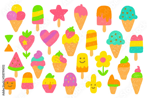 A colorful assortment of illustrated ice cream cones and popsicles, perfect for summer treats.