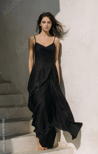 Fototapeta Naklejka Na Ścianę i Meble -  A minimalist black linen dress with a loose fit, the model poses on a street in Greece for a brand photoshoot.