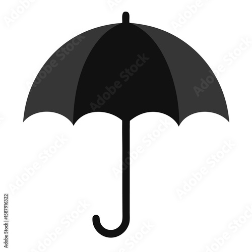 A black umbrella with a curved handle, a symbol of rain, protection, and bad weather.