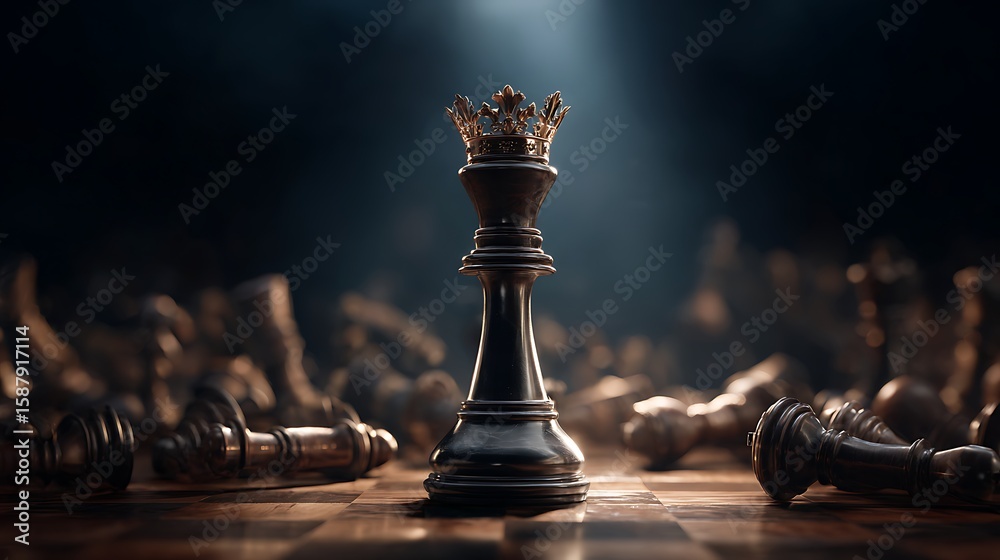 Naklejka premium Chess strategy and leadership concept king chess piece in spotlight on chessboard business victory environment