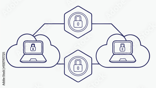 Network security concept with connected devices and locks data protection cybersecurity