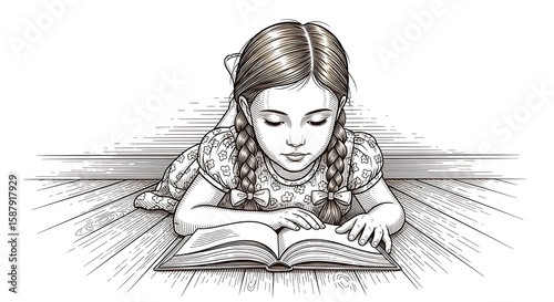 Illustration of a young girl engrossed in reading a book on a wooden floor
