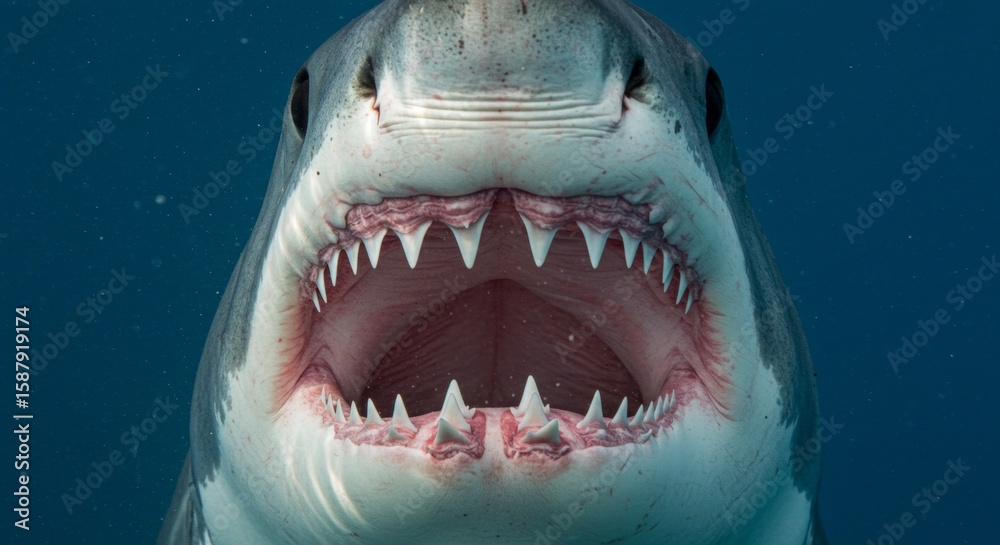 Naklejka premium Intense close-up of a Great White Shark's menacing teeth and open jaws