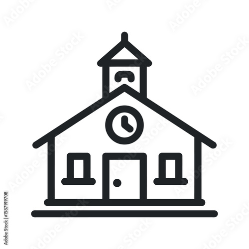 Outlined School Building Icon with Clock Tower and Gable Roof Design