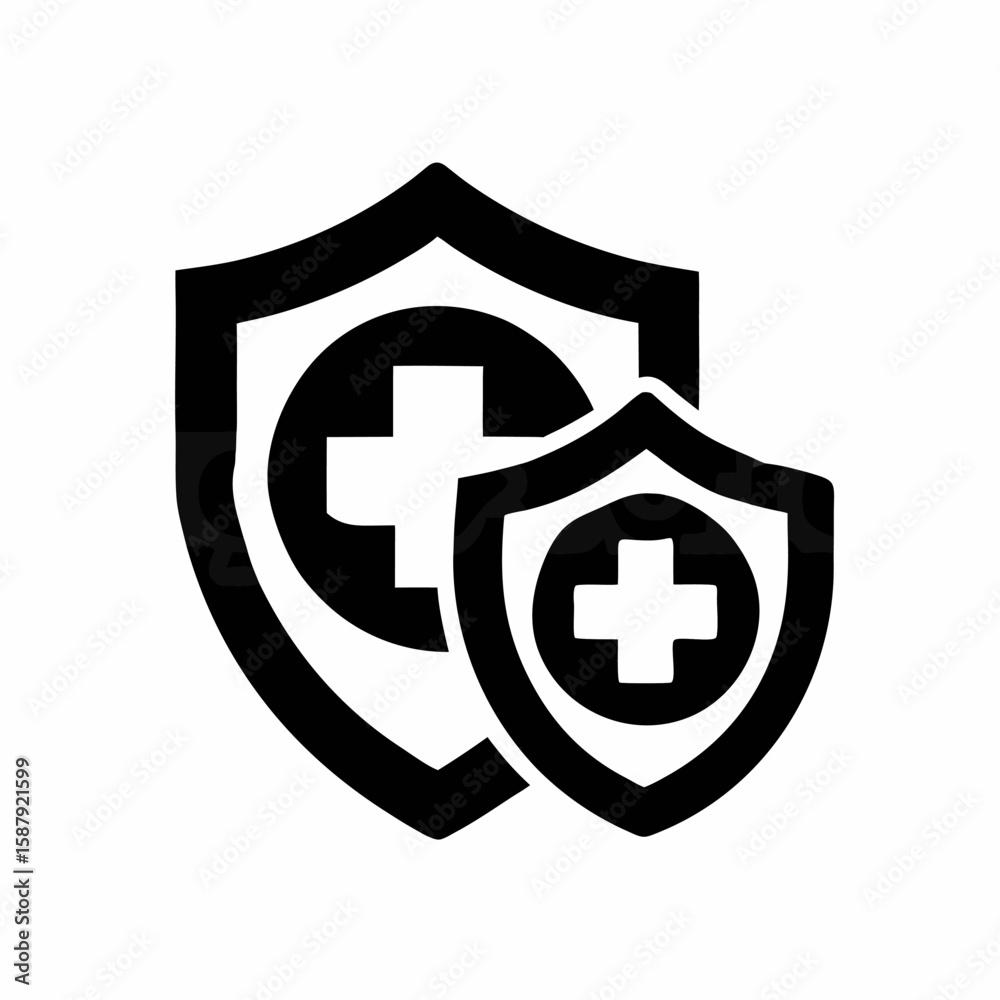 Obraz premium Medical Insurance Shield Icon Symbolizing Healthcare Coverage and Protection Against Health Risks in Black and White
